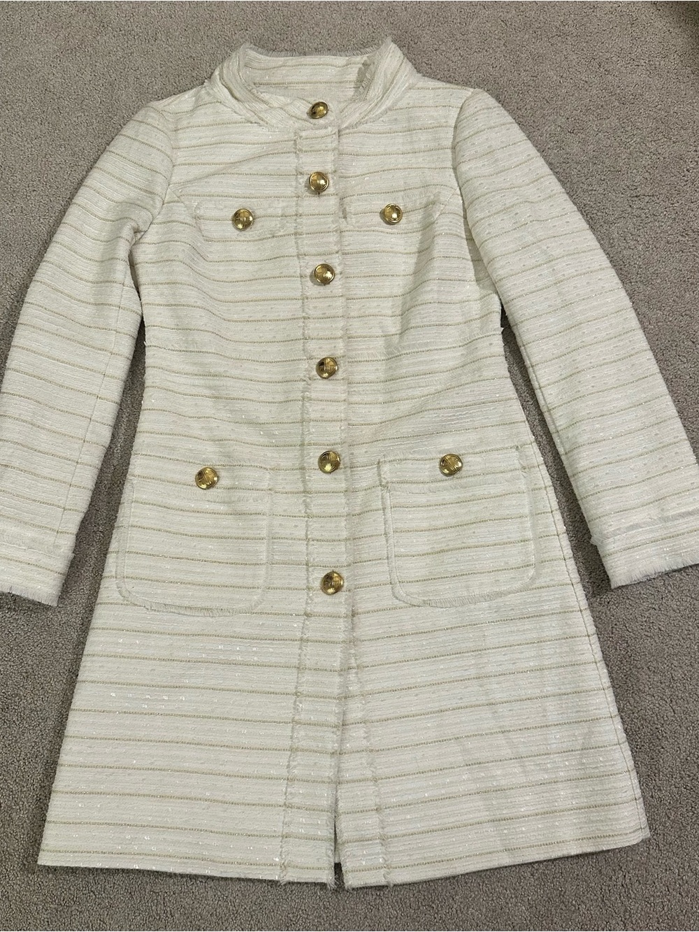 Lilly Pulitzer Camilla Cream Ivory Boucle Tweed gold Button Front Coat XS